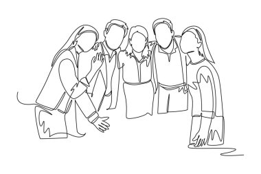 Genç erkek ve kadın iş adamlarının çok ırklı bir arada durdukları ve zarif poz verdikleri bir çizgi devam ediyor. Çeşitlilikte birlik. Tek çizgi çizimi tasarım vektörü grafik çizimi