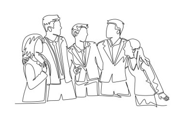 Sürekli bir çizgi halinde genç erkek ve kadın iş adamları başarılarını kutlamak için birbirlerine sarılıyorlar. İş hedefi başarısı. Tek çizgi çizimi tasarım vektörü grafik çizimi