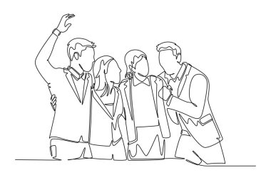 Tek sıra halinde, genç ve mutlu erkek ve kadın yöneticinin birlik beraberliklerini göstermek için bir arada durduğu ve birbirlerine sarıldıkları çizgiler. Arkadaşlık kavramı. Bir çizgi çizimi tasarım vektörü illüstrasyonu