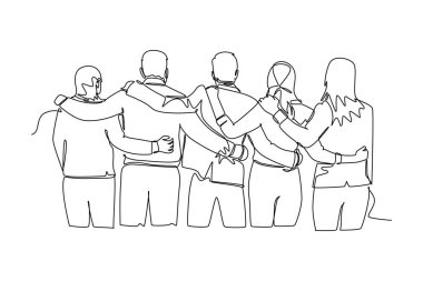 Çoklu etnik duruş ve kucaklaşmadan gelen grup erkek ve kadının tek bir çizgisi birlik bağlarını gösteriyor. Arkadaşlık. Aralıksız çizgi çizimi tasarım grafik vektör çizimi