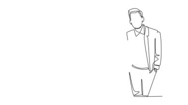 Tek bir çizginin kendi kendine çizimi mutlu bir erkek takım üyesinin başarılarını kutlamak için birbirlerine tezahürat etmesini ve sarılmalarını sağlar. İş ekibi konsepti. Devamlı bir çizgi. Tam uzunluk canlandırması