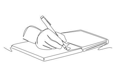 Continuous one line drawing hand gesture of student college writing on paper at open book. Business to do list. Knowledge and education concept. Single line draw design vector graphic illustration clipart