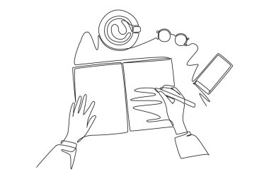 Gözlük, akıllı telefon ve bir fincan kahvenin yanındaki bir kağıt parçasına sürekli el yazısı hareketi çizmek. İş taslağı konsepti yazıyorum. Bir çizgi çizimi grafik tasarım vektör çizimi