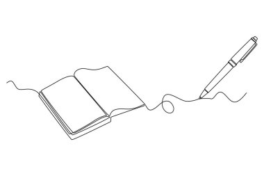 Çalışma masasının üzerinde kalem ya da kalem olan tek satır açık kitap çizimi. Eğitim öğrenimi ya da ofis notları konsepti üzerine iş taslağı yazmak. Bir çizgi çizimi grafik tasarım vektör çizimi