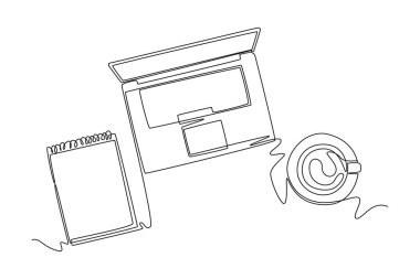 Tek sıra halinde dizüstü bilgisayar, akıllı telefon, tablet ve ofis masasında bir fincan kahve. Çalışma masası konsepti. Bir çizgi grafik tasarım vektör çizimi