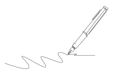 Tek sıra halinde klasik ya da eski model tükenmez kalemler. Kalem logosu simgesi. Okula ya da üniversite gereçleri kırtasiyesine. Eğitim öğrenme konsepti. Aralıksız çizgi çizimi tasarım grafik vektör çizimi