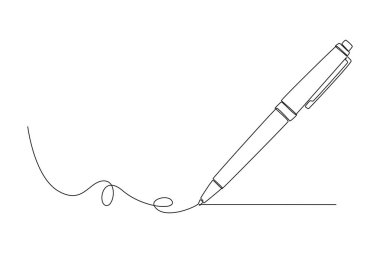 Klasik tükenmez kalemin tek çizgi çizimi. Kalem simgesi. Okula dönmek ya da üniversite konseptine dönmek. İnsanoğlu için eğitim öğrenme. Modern sürekli çizgi çizimi tasarım grafik vektör çizimi