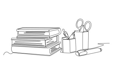 Bir yığın ders kitabının yanında kalem kutusu veya kırtasiye malzemesi içeren tek satır çizimi. Okula dönmek ya da üniversite konseptine dönmek. Aralıksız çizgi çizimi tasarım grafik vektör çizimi