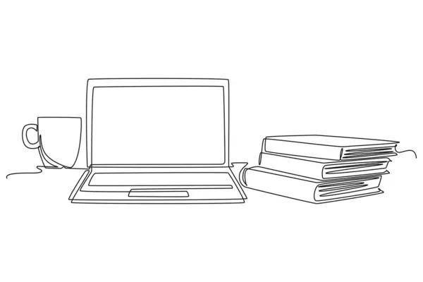 Tek satır bilgisayar dizüstü bilgisayarı, bir fincan kahve ve ofis masasının üzerinde açık kitap. Üniversite öğrencisi öğrenim masası. Modern sürekli çizgi çizimi tasarım grafik vektör çizimi