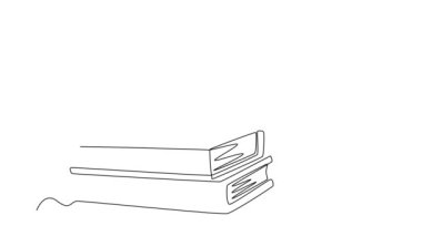 Ofis masasındaki kitap yığınının yanında tek satır mürekkep ve tükenmez kalem çizimi. Yazar ya da öğrenci için eski antika yazma ekipmanları. Devamlı çizgi çekme. Tam uzunluk canlandırması