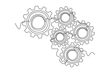Makine dairesi logosu için sürekli metal tekerlek yuvarlak dişli çizgiler. Mekanik şirket metaforu, takım çalışması ve ortaklık kavramı. Tek çizgi çizimi tasarım vektörü grafik çizimi