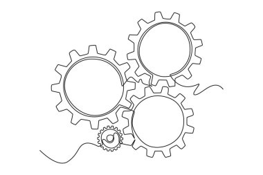 Tamirci şirket logosu için sürekli yuvarlak metal dişli dişli çizimi. Ofis konseptinde takım çalışması ve işbirliği. Tek çizgi çizimi tasarım vektörü grafik çizimi