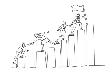 Tek sıra halinde hareket eden ekip üyeleri, bayrak kaldıran liderlerini adım adım takip ederek el ele tutuşuyorlar. Takım çalışması konsepti. Bir çizgi grafik tasarım vektör çizimi