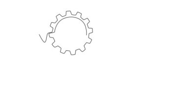 Sürekli çizilen çizgilerin animasyonu makine ofis logosu için metal tekerlek yuvarlak dişlileri çekiyor. Mekanik şirket metaforu takım çalışması, bağlantılı, ortaklık konsepti. Tam uzunluktaki bir çizgi canlandırması