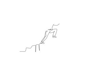 Tek bir çizginin kendi kendine çizimi genç enerjik iş adamını, tepeye tırmanmaya yardım etmek için ortağının elini tutarken çekiyor. Takım çalışması desteği ve işbirliği. Devamlı çizgi çekme. Tam uzunluk canlandırması