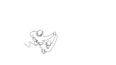 Sürekli kendini çizen hareketli genç ve mutlu iş adamları ellerini birleştirip daire şeklinde bir sembol oluşturuyorlar. Takım çalışması konsepti. Tam uzunluktaki tek çizgi canlandırması