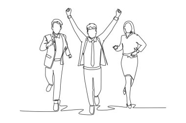 Tek sıra halinde mutlu erkek ve kadın işçiler yarışı kazandıktan sonra bitiş çizgisini geçiyor. İş yarışması konsepti. Aralıksız çizgi çizimi tasarım grafik vektör çizimi