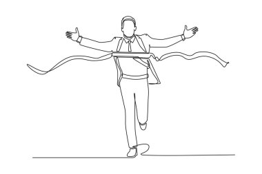 Bitiş çizgisini geçtikten sonra genç mutlu iş adamının koşup ellerini havaya kaldırdığı tek bir çizgi. İş yarışı konsepti. Aralıksız çizgi çizimi tasarım grafik vektör çizimi