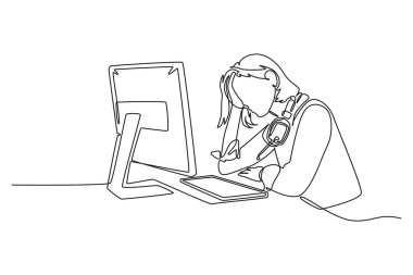 Sürekli müşterilerin telefonlarına cevap veren stresli bayan müşteri hizmetleri çalışanı çiziyor. Yardım masası bakım konsepti. Tek çizgi çizimi tasarım vektörü grafik çizimi