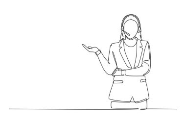 Müşteri hizmetleri, telefon görüşmelerini ve telefon görüşmelerini ofislerinde mikrofon bulunan kulaklıkla sürekli olarak tek satır halinde yapıyor. Bir çizgi çizimi grafik tasarım vektör çizimi