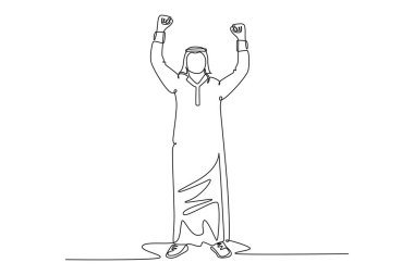 Ayakta duran ve kollarını kaldıran Arap işadamlarının çizdiği kesintisiz bir çizgi. Başarılı bir adam. Kariyer amacı. Zafer işareti ya da sembol. Kazanan poz. Tek çizgi çizimi tasarım vektörü grafik çizimi