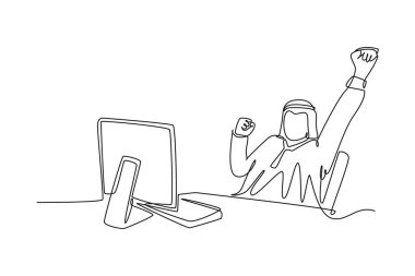 Büyük satış projelerinden sonra mutlu Arap işadamlarının elini kaldırdığı tek sıra. Erkek Müslüman işçi mali raporunu bitirdi. Bir çizgi çizimi grafik tasarım vektör çizimi