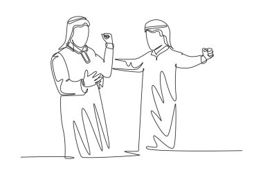 Genç mutlu Müslüman satış müdürünün sürekli çizimi iş başarısını kutluyor. Arap erkek işçi mali hedefe ulaştı. Bir çizgi çizimi grafik tasarım vektör çizimi