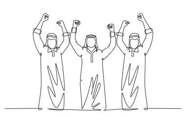 Devamlı tek sıra halinde genç mutlu Müslüman pazarlama ekibi ayakta duruyor ve el ele tutuşuyor. Ticari satış şirketinin hedef başarısını kutlayın. Tek çizgi çizimi tasarım vektörü grafik çizimi