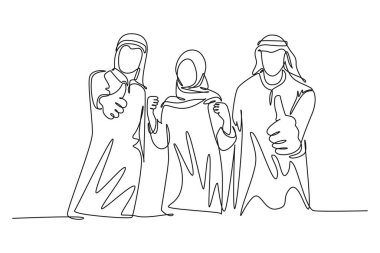 Tek sıra halinde genç mutlu Müslüman çalışanlar iş terfisini kutlamak için baş parmak işareti yapıyor. İslami giysi kılıfı, eşarp. Modern sürekli çizgi çizimi tasarım grafik vektör çizimi