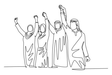 Mutlu Arap iş adamlarının el ele tutuşmasını sağlayan tek satır. Erkek ve kadın satış ekibi başarı hedefini kutluyor. Aralıksız çizgi çizimi tasarım grafik vektör çizimi