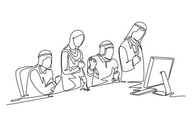 Mutlu Arap işadamı ve kadının başarıyı kutladığı tek sıra iş hedefine ulaşır. Ekip çalışanı monitörde rapor veriyor. Aralıksız çizgi çizimi tasarım grafik vektör çizimi