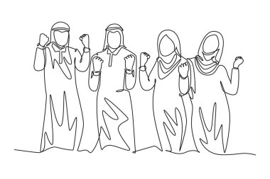 Genç erkek ve kadın müslüman çalışanların iş tanıtımını kutlamak için el kaldırdıkları tek sıra. Mutlu Arap grup menajerleri takım çalışması. Bir çizgi çizimi grafik tasarım vektör çizimi