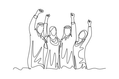 Tek çizim grubu Arap iş adamları şirket projesini kutluyor. Mutlu adam ve bayan yönetici el ele tutuşun. Modern sürekli çizgi çizimi tasarım grafik vektör çizimi