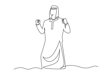 Genç ve mutlu Müslüman çalışanları iş terfisini kutlamak için tek sıra halinde çekiyorlar. Arap işadamı satış hedefini kutluyor. Tek çizgi çizimi tasarım vektörü grafik çizimi