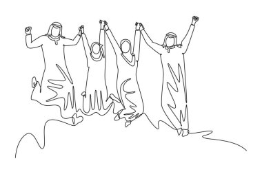 Artan satış hedefini ya da büyümeyi kutlamak için Müslümanların bir araya gelmesi sürekli bir çizgidir. Bir grup mutlu Arap işçi. Tek çizgi çizimi tasarım vektörü grafik çizimi