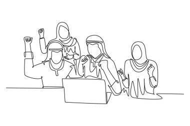 Arap iş adamlarından oluşan tek bir sıra bilgisayar ekranının önünde el kaldırıyor. Mutlu erkek kadın Müslüman ekip çalışanı. Aralıksız çizgi çizimi tasarım grafik vektör çizimi
