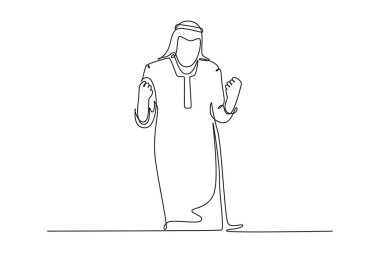 Genç ve mutlu Müslüman iş adamının el ele tutuşup proje başarısını kutladığı bir satır devam ediyor. Arap erkek işçi başarılı mali hedef. Tek çizgi çizimi tasarım vektörü grafik çizimi