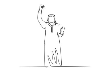 Çalışmalarındaki başarısını kutlamak için genç ve mutlu bir müslüman menajeri çekmeye devam ediyor. Arap işadamı satış başarısını kutlamak için elini kaldırdı. Tek çizgi çizimi tasarım vektörü grafik çizimi