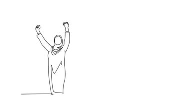 Mutlu Arap iş adamlarının sürekli çizimlerinin animasyonlu çizimleri el ele tutuşuyor. Erkek ve kadın satış ekibi başarı hedefini kutluyor. Tam uzunluktaki bir çizgi canlandırması