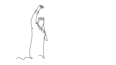 Arap iş adamlarından oluşan tek çizgi çizim grubu şirket projesini kutluyor. Mutlu adam ve bayan yönetici el ele tutuşun. Devamlı çizgi çekme. Tam uzunluk canlandırması