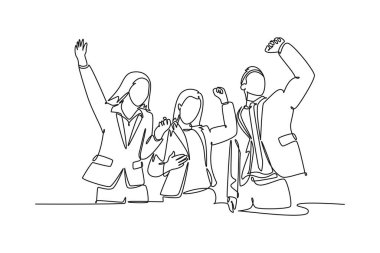 Ofiste zevkten dört köşe olan mutlu kadın ve erkek işçilerin çizdiği tek çizgi. İş dünyası takım çalışması, anlaşma üzerine kutlama. Aralıksız çizgi çizimi tasarım grafik vektör çizimi