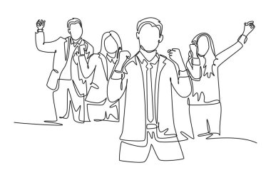 Genç ve mutlu şirket kurucusu ve takımı, yatırımcı ofisinde birlikte sevinçle kutlamaya çeken bir satır. İş ekibi kutlaması. Tek çizgi çizimi tasarım vektörü grafik çizimi