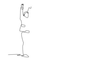 Sürekli çizim yapan genç ve mutlu erkek ve kadın işçiler ofis odasında el ele tutuşuyorlar. İş ekibi kutlama konsepti. Tam uzunluktaki tek çizgi canlandırması