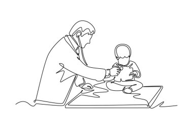 Stetoskoplu küçük bir çocuğun kalp atışlarını inceleyen pediatrik doktor çizimleri devam ediyor. Tıbbi bakım tedavisi. Tek çizgi tasarım vektör grafik çizimi