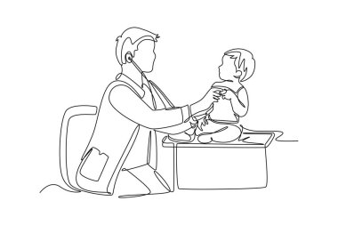 Steteskoplu şirin bir çocuğun kalp atışlarını inceleyen pediatri doktorunun sürekli çizdiği bir çizgi. Tıbbi bakım tedavisi. Tek çizgi çizimi tasarım vektörü grafik çizimi
