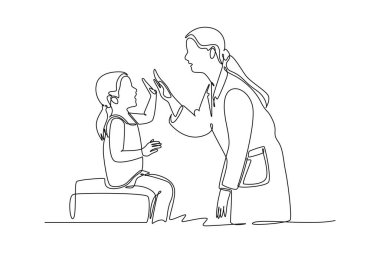 Bayan pediatri doktoru sürekli bir çizgi çizerek bebek bebek hastayı oynaması ve talimatlarına uyması için davet etti. Tıbbi tedavi konsepti. Tek çizgi çizimi tasarım vektörü grafik çizimi