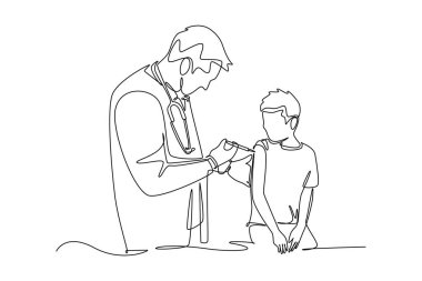 Hastanedeki küçük çocuk hastaya aşı yapan erkek pediatri doktorunun çizdiği tek sıra. Tıbbi sağlık tedavisi konsepti. Bir çizgi çizimi grafik tasarım vektör çizimi