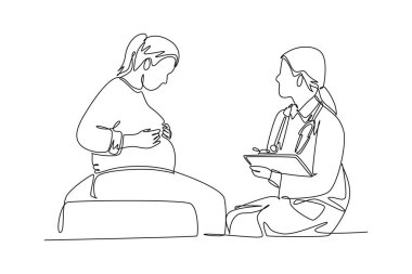 Hamile hastalara danışmanlık yapan kadın doğum uzmanları ve jinekoloji doktorları tek sıra halinde. Hamilelik sağlık hizmeti konsepti. Bir çizgi çizimi grafik tasarım vektör çizimi