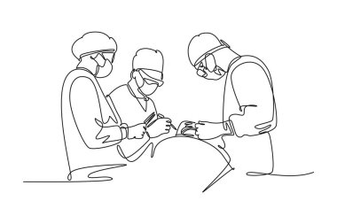 Kritik durumdaki hastaya ameliyat yapan bir grup cerrah sürekli bir hat çiziyor. Ameliyat konsepti. Tek çizgi çizimi tasarım vektörü grafik çizimi