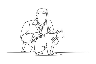 Bakteri yüzünden hasta bir kediye bakan ve erkek veteriner çizen tek sıra. Hayvan sağlığı hizmeti konsepti. Dinamik bir çizgi çizer grafik tasarım vektörü çizer